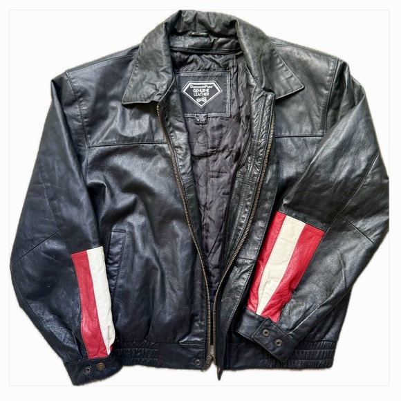 Diamond Plate Genuine Leather USA Eagle Jacket Black Biker Moto Boxy Work Style - Picture 7 of 11